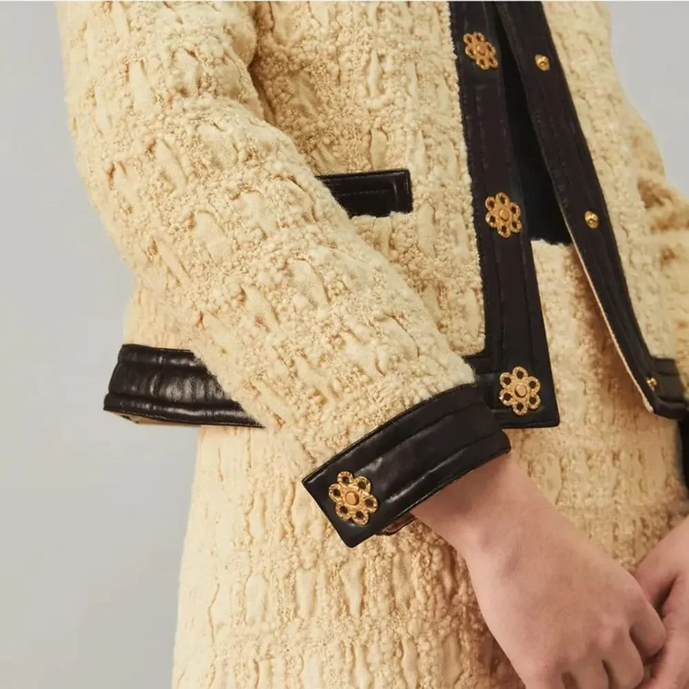 Tory Burch Cropped Boxy Tweed Wool Blend Blazer Jacket Size 0 Dark Natural Ivory